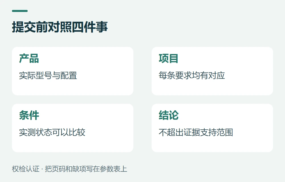 提交前对照四件事:产品,实际型号与配置;项目,每条要求均有对应;条件,实测状态可以比较;结论,不超出证据支持范围