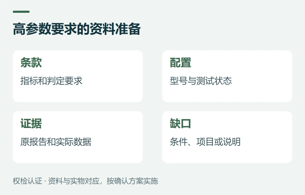 高参数要求的资料准备:条款,指标和判定要求;配置,型号与测试状态;证据,原报告和实际数据;缺口,条件、项目或说明