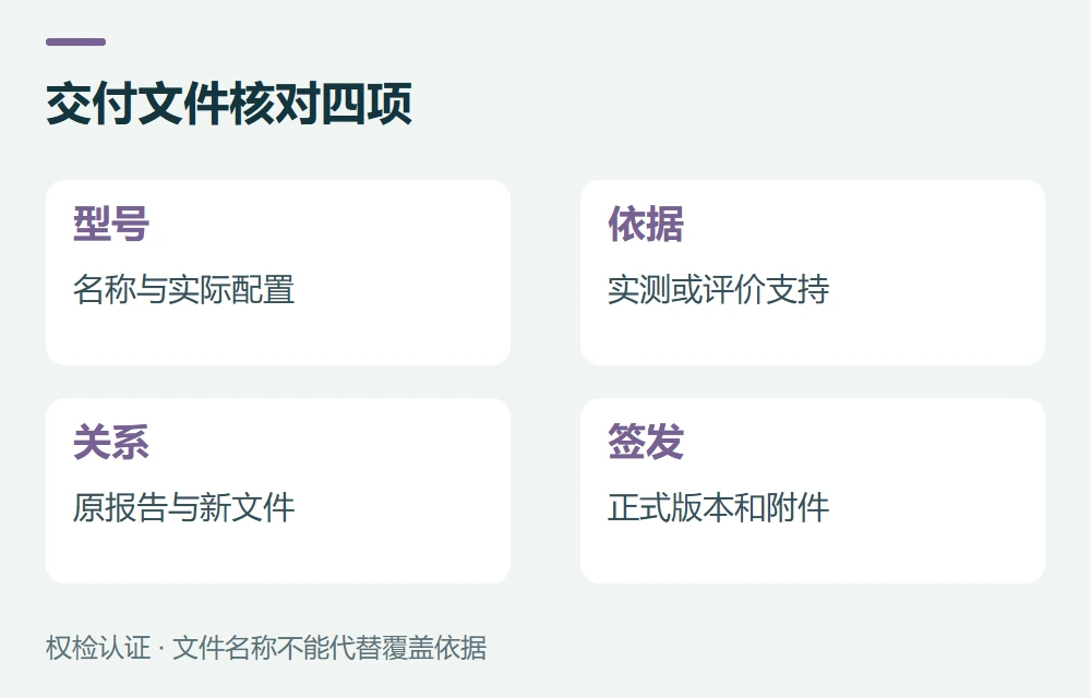 交付文件核对四项:型号,名称与实际配置;依据,实测或评价支持;关系,原报告与新文件;签发,正式版本和附件