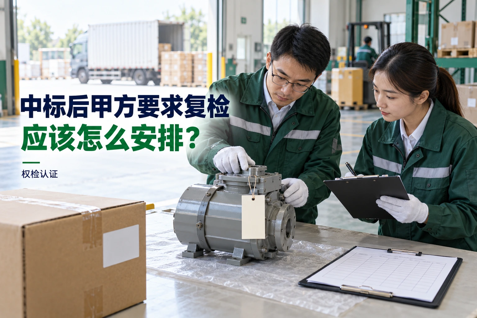 中标后甲方要求复检,怎么安排?|权检认证,AI生成业务场景示意