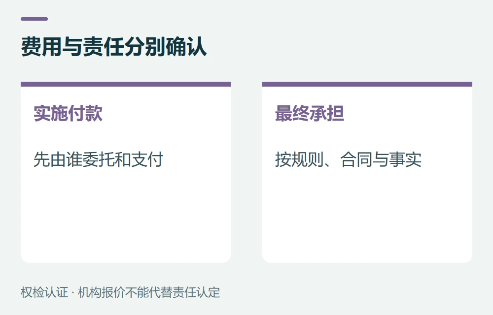 费用与责任分别确认:实施付款,先由谁委托和支付;最终承担,按规则、合同与事实