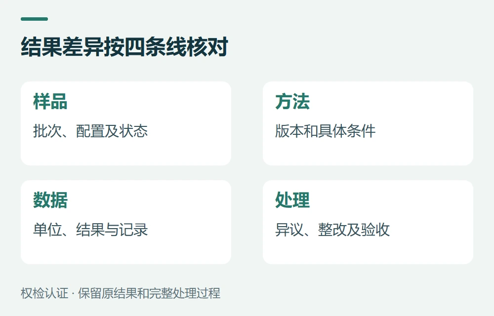 结果差异按四条线核对:样品,批次、配置及状态;方法,版本和具体条件;数据,单位、结果与记录;处理,异议、整改及验收