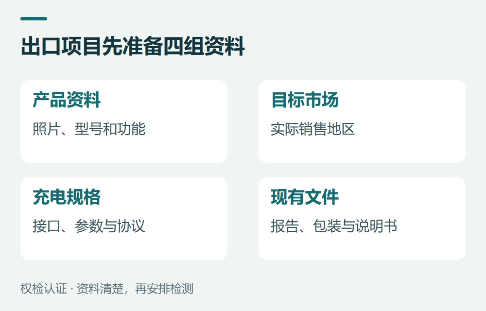 出口项目先准备四组资料:产品资料,照片、型号和功能;目标市场,实际销售地区;充电规格,接口、参数与协议;现有文件,报告、包装与说明书