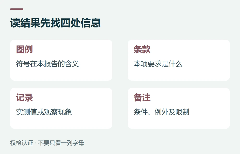 读结果先找四处信息:图例,符号在本报告的含义;条款,本项要求是什么;记录,实测值或观察现象;备注,条件、例外及限制