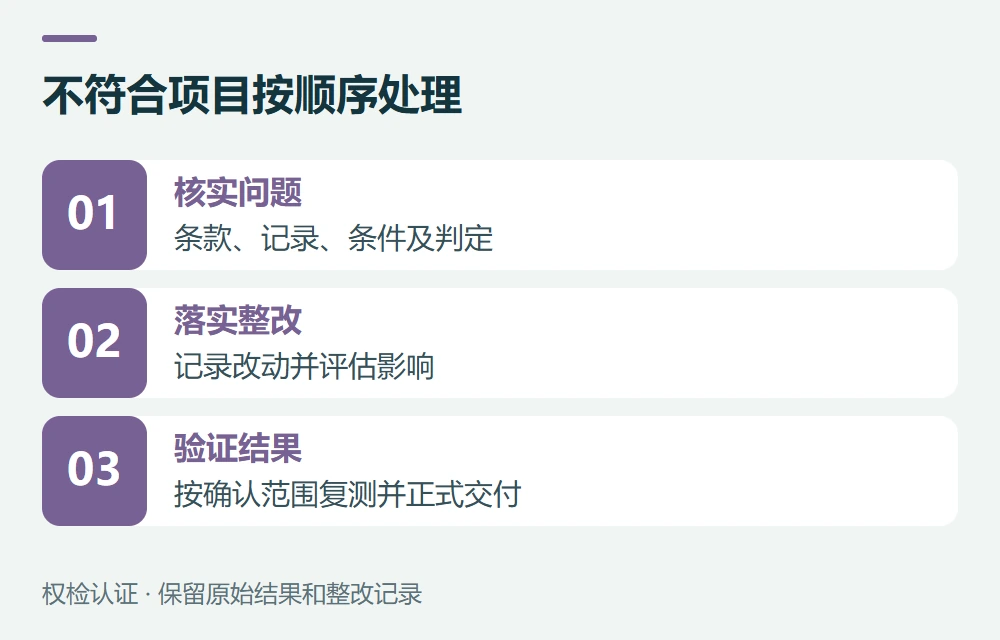 不符合项目按顺序处理:核实问题,条款、记录、条件及判定;落实整改,记录改动并评估影响;验证结果,按确认范围复测并正式交付