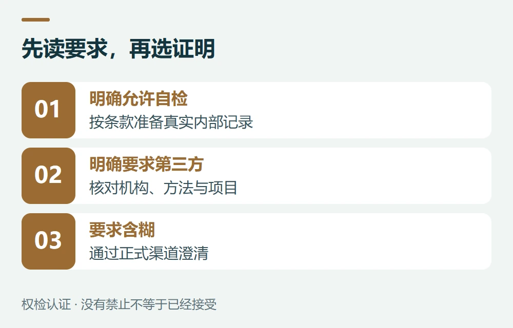 先读要求,再选证明:明确允许自检,按条款准备真实内部记录;明确要求第三方,核对机构、方法与项目;要求含糊,通过正式渠道澄清