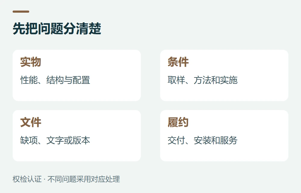 先把问题分清楚:实物,性能、结构与配置;条件,取样、方法和实施;文件,缺项、文字或版本;履约,交付、安装和服务