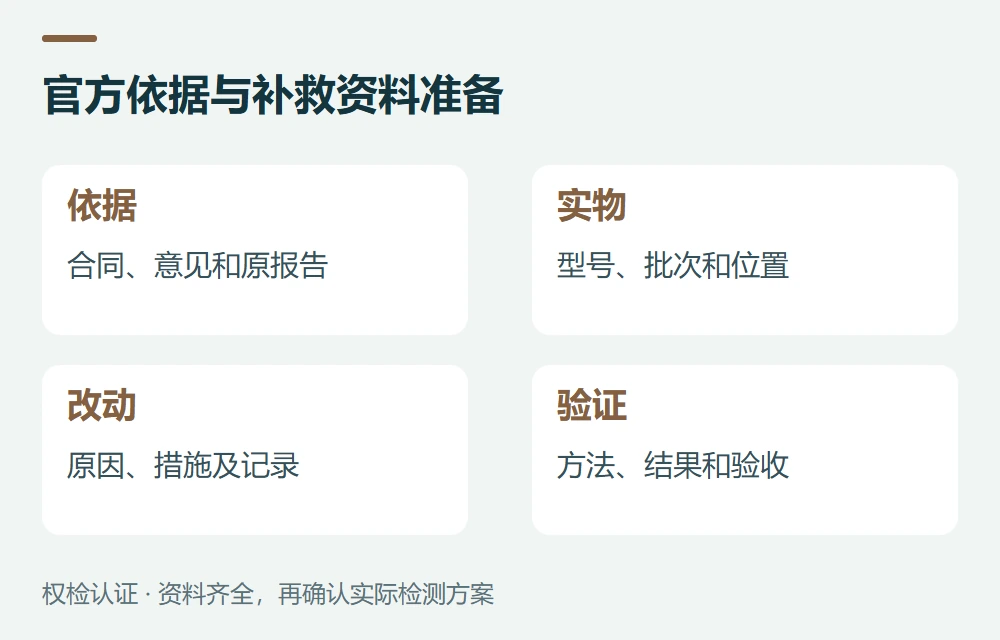 官方依据与补救资料准备:依据,合同、意见和原报告;实物,型号、批次和位置;改动,原因、措施及记录;验证,方法、结果和验收