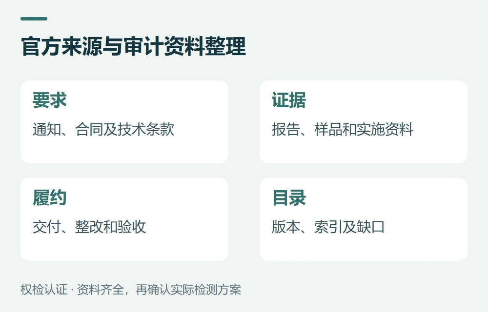 官方来源与审计资料整理:要求,通知、合同及技术条款;证据,报告、样品和实施资料;履约,交付、整改和验收;目录,版本、索引及缺口