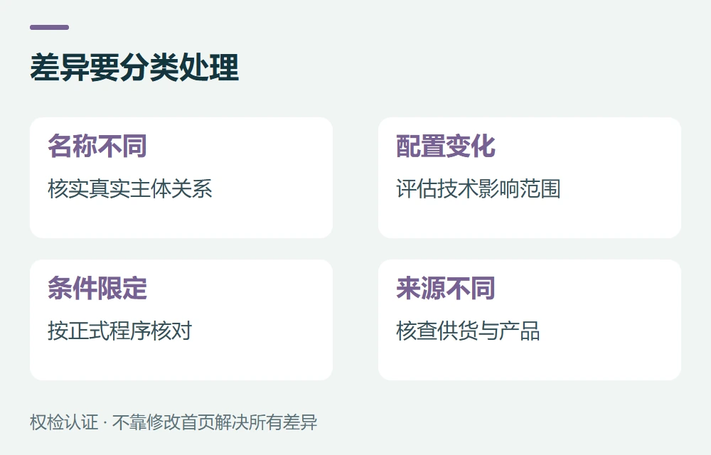 差异要分类处理:名称不同,核实真实主体关系;配置变化,评估技术影响范围;条件限定,按正式程序核对;来源不同,核查供货与产品