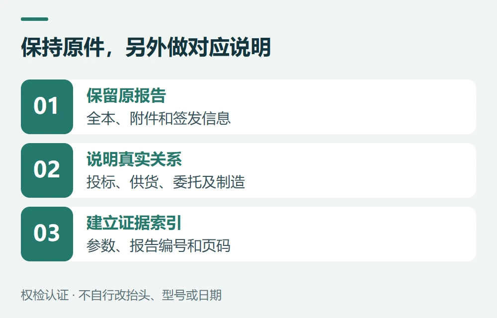 保持原件,另外做对应说明:保留原报告,全本、附件和签发信息;说明真实关系,投标、供货、委托及制造;建立证据索引,参数、报告编号和页码