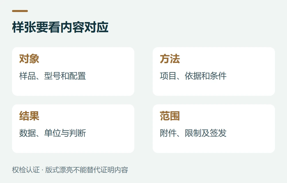 样张要看内容对应:对象,样品、型号和配置;方法,项目、依据和条件;结果,数据、单位与判断;范围,附件、限制及签发
