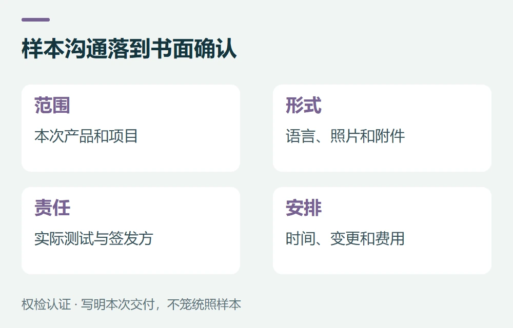 样本沟通落到书面确认:范围,本次产品和项目;形式,语言、照片和附件;责任,实际测试与签发方;安排,时间、变更和费用