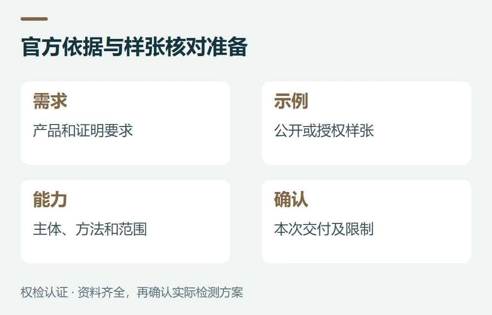 官方依据与样张核对准备:需求,产品和证明要求;示例,公开或授权样张;能力,主体、方法和范围;确认,本次交付及限制