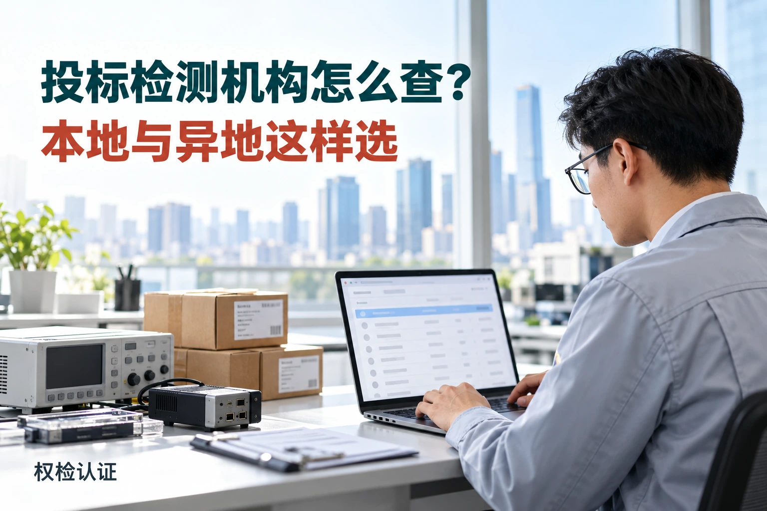 投标检测机构怎么查?本地与异地如何选|权检认证,AI生成业务场景示意