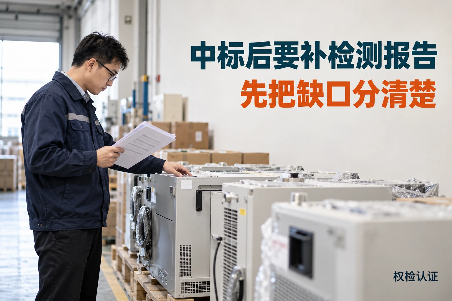 中标后要求补检测报告,最快怎么办?|权检认证,AI生成业务场景示意