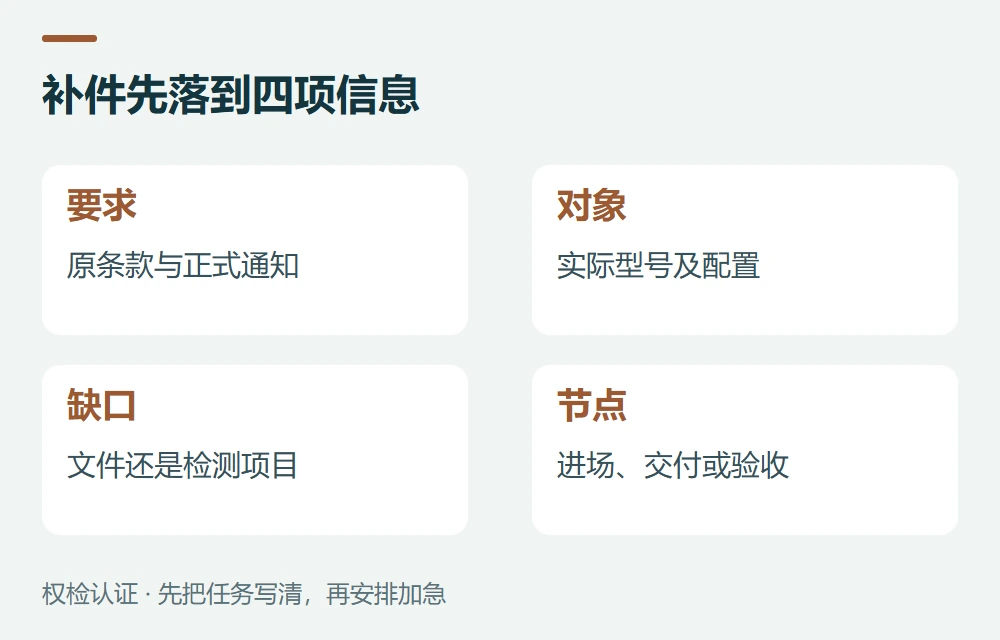 补件先落到四项信息:要求,原条款与正式通知;对象,实际型号及配置;缺口,文件还是检测项目;节点,进场、交付或验收