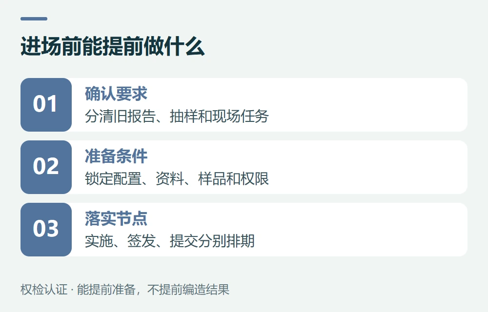进场前能提前做什么:确认要求,分清旧报告、抽样和现场任务;准备条件,锁定配置、资料、样品和权限;落实节点,实施、签发、提交分别排期