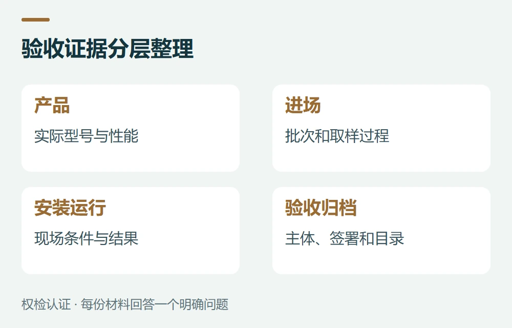 验收证据分层整理:产品,实际型号与性能;进场,批次和取样过程;安装运行,现场条件与结果;验收归档,主体、签署和目录
