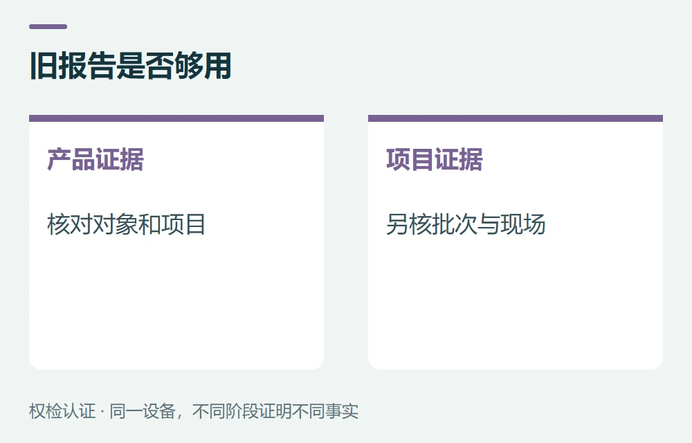 旧报告是否够用:产品证据,核对对象和项目;项目证据,另核批次与现场