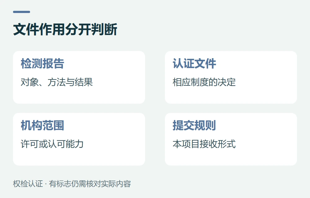 文件作用分开判断:检测报告,对象、方法与结果;认证文件,相应制度的决定;机构范围,许可或认可能力;提交规则,本项目接收形式