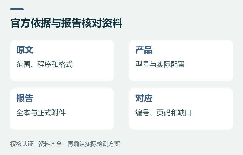 官方依据与报告核对资料:原文,范围、程序和格式;产品,型号与实际配置;报告,全本与正式附件;对应,编号、页码和缺口