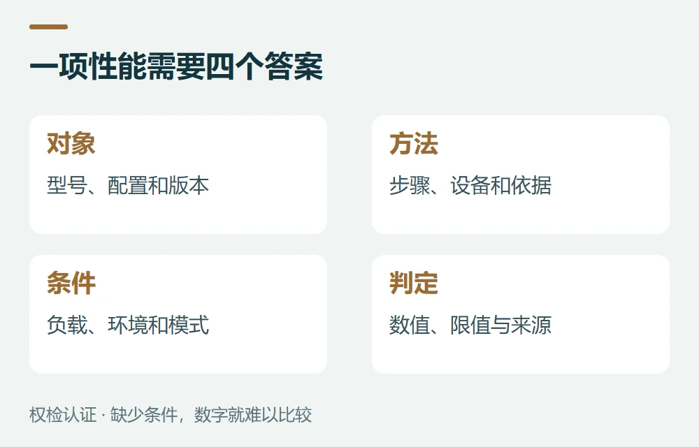 一项性能需要四个答案:对象,型号、配置和版本;方法,步骤、设备和依据;条件,负载、环境和模式;判定,数值、限值与来源