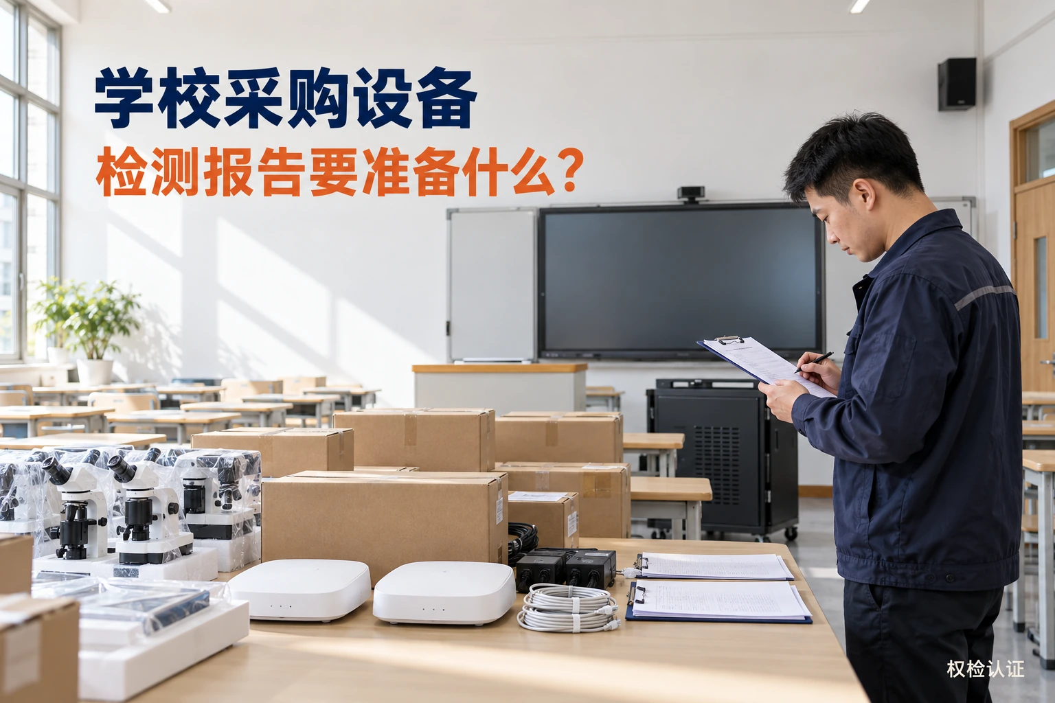 学校采购设备,检测报告有哪些要求|权检认证,AI生成业务场景示意