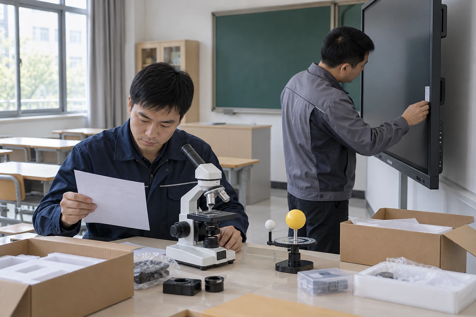 学校教室内核对教学仪器和交付清单的AI场景示意