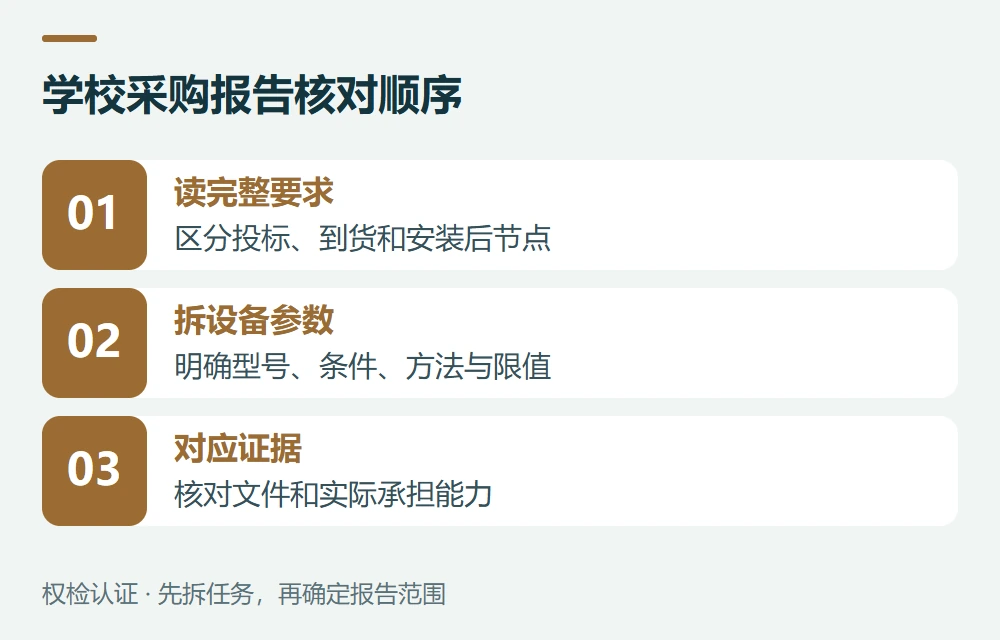 学校采购报告核对顺序:读完整要求,区分投标、到货和安装后节点;拆设备参数,明确型号、条件、方法与限值;对应证据,核对文件和实际承担能力