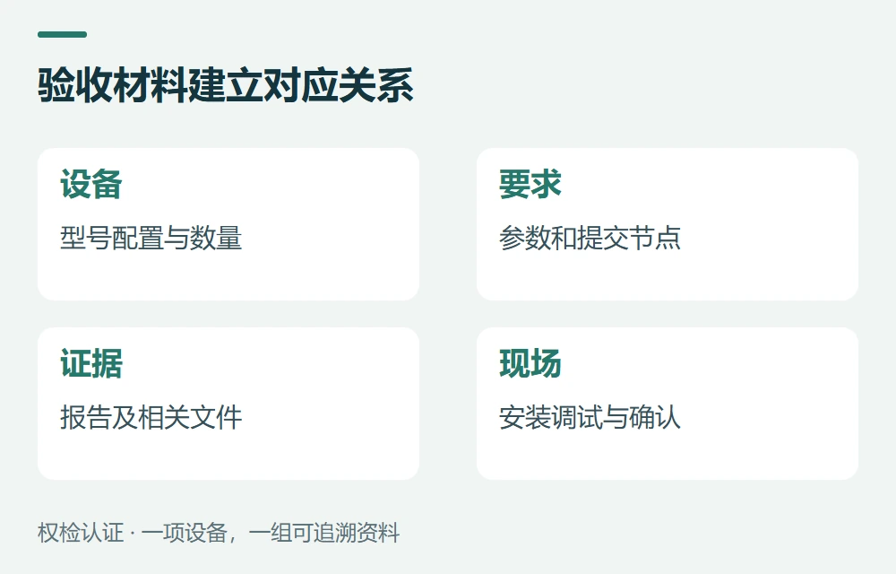 验收材料建立对应关系:设备,型号配置与数量;要求,参数和提交节点;证据,报告及相关文件;现场,安装调试与确认