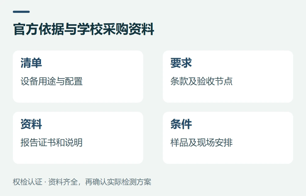 官方依据与学校采购资料:清单,设备用途与配置;要求,条款及验收节点;资料,报告证书和说明;条件,样品及现场安排