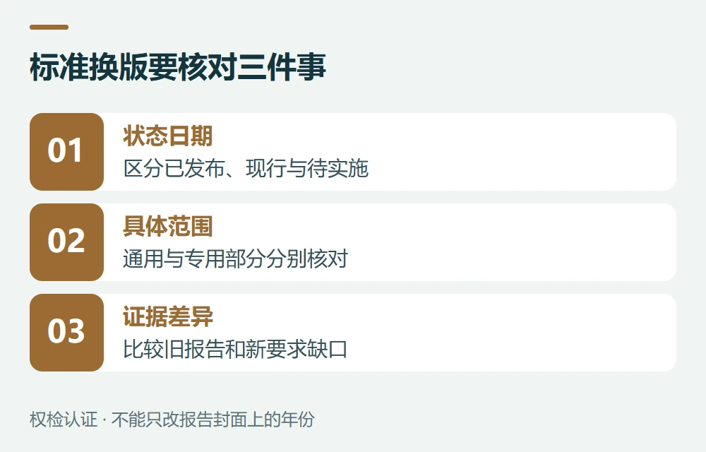 标准换版要核对三件事:状态日期,区分已发布、现行与待实施;具体范围,通用与专用部分分别核对;证据差异,比较旧报告和新要求缺口