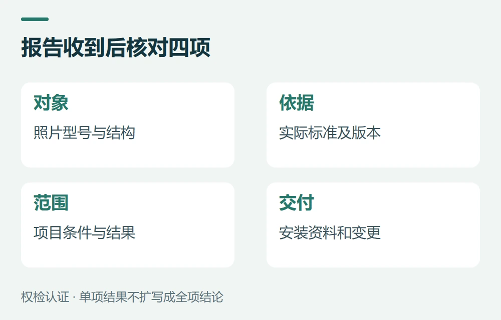 报告收到后核对四项:对象,照片型号与结构;依据,实际标准及版本;范围,项目条件与结果;交付,安装资料和变更