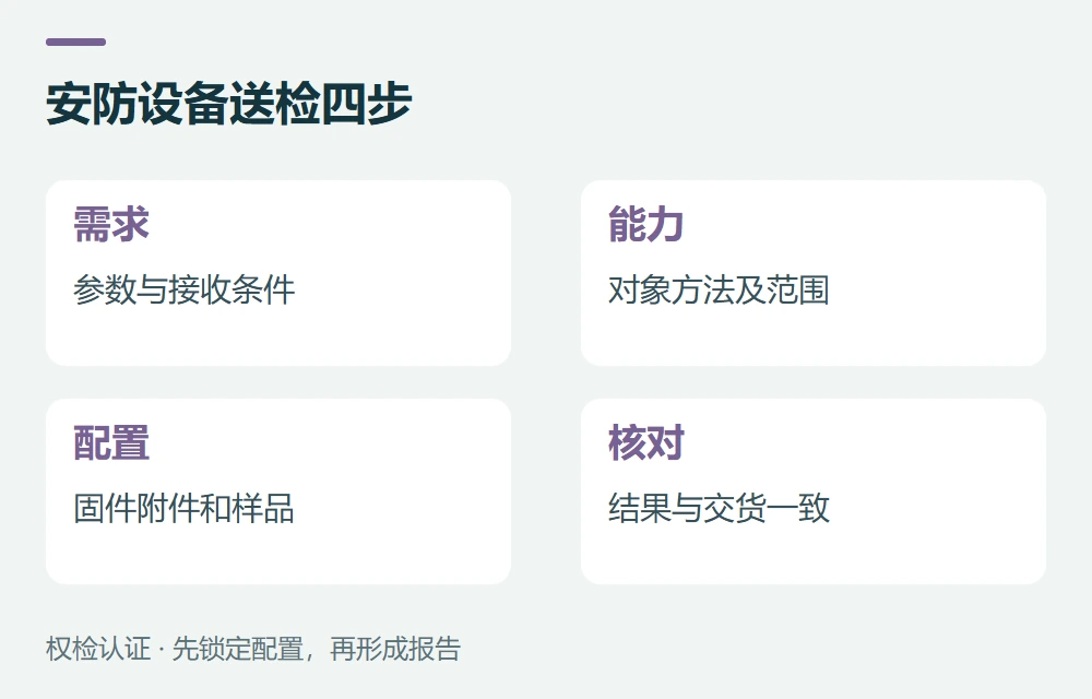 安防设备送检四步:需求,参数与接收条件;能力,对象方法及范围;配置,固件附件和样品;核对,结果与交货一致