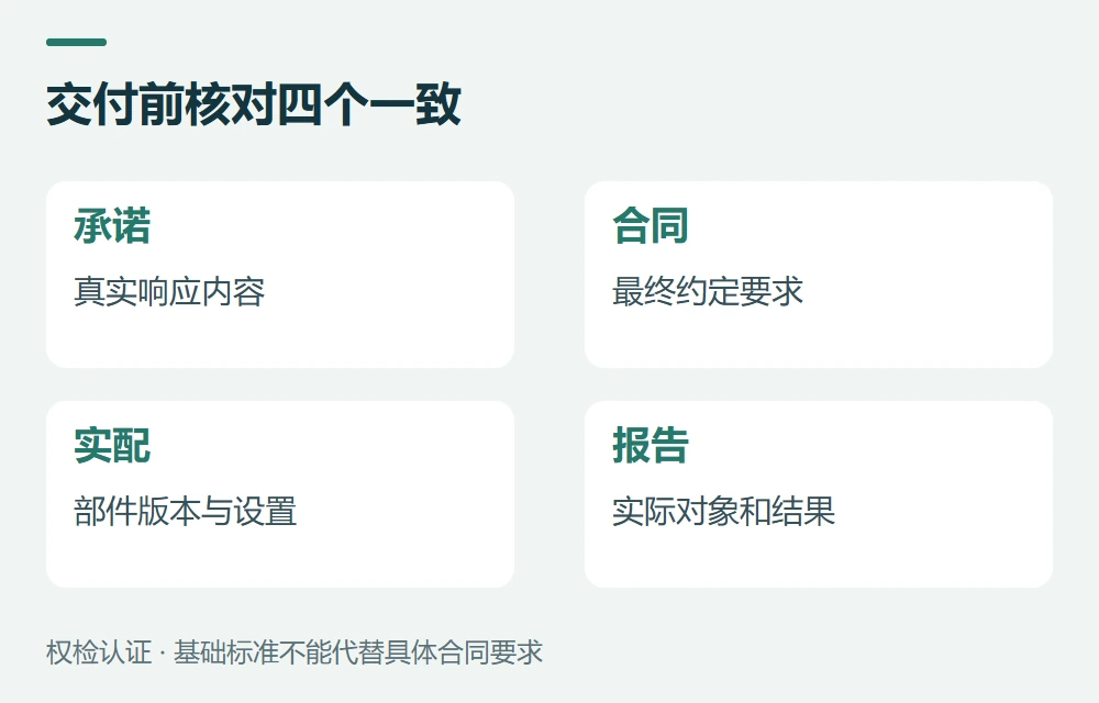 交付前核对四个一致:承诺,真实响应内容;合同,最终约定要求;实配,部件版本与设置;报告,实际对象和结果