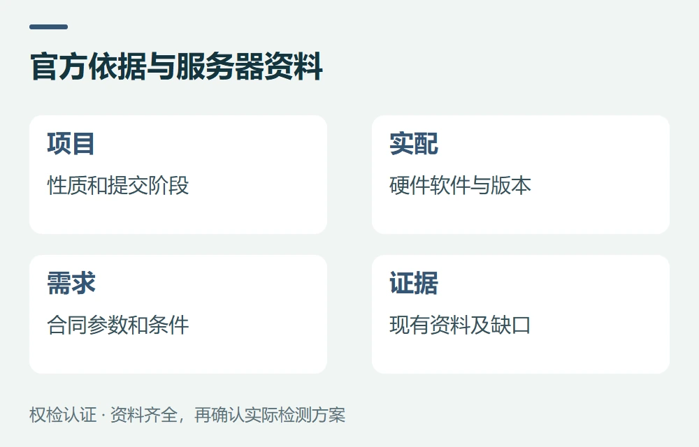 官方依据与服务器资料:项目,性质和提交阶段;实配,硬件软件与版本;需求,合同参数和条件;证据,现有资料及缺口