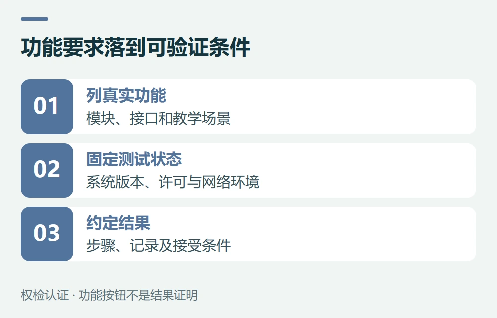 功能要求落到可验证条件:列真实功能,模块、接口和教学场景;固定测试状态,系统版本、许可与网络环境;约定结果,步骤、记录及接受条件