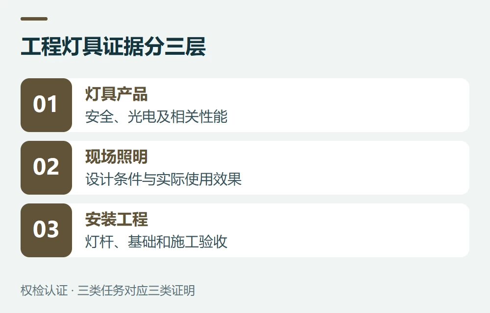 工程灯具证据分三层:灯具产品,安全、光电及相关性能;现场照明,设计条件与实际使用效果;安装工程,灯杆、基础和施工验收