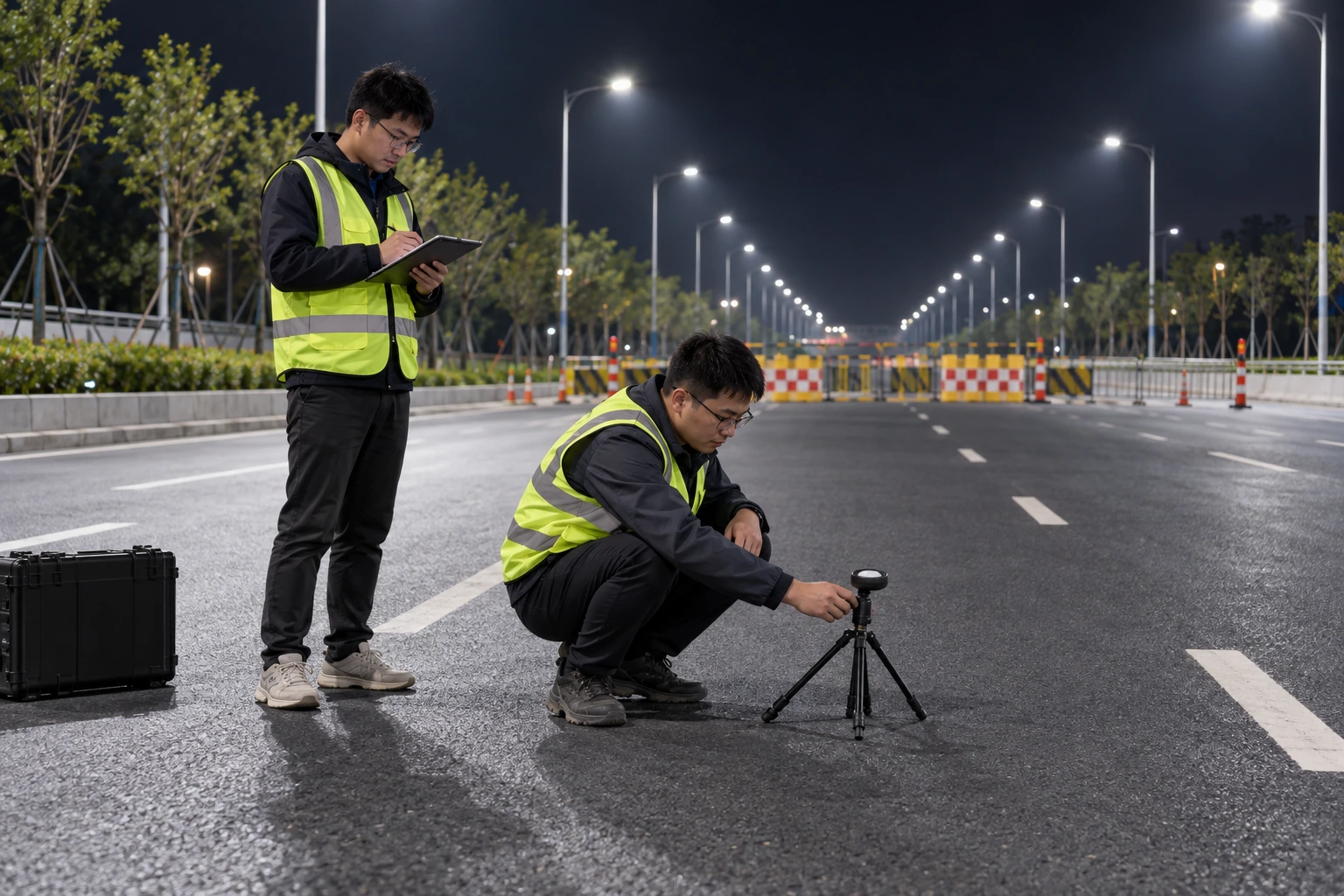 封闭道路夜间核对照明测量条件的AI场景示意