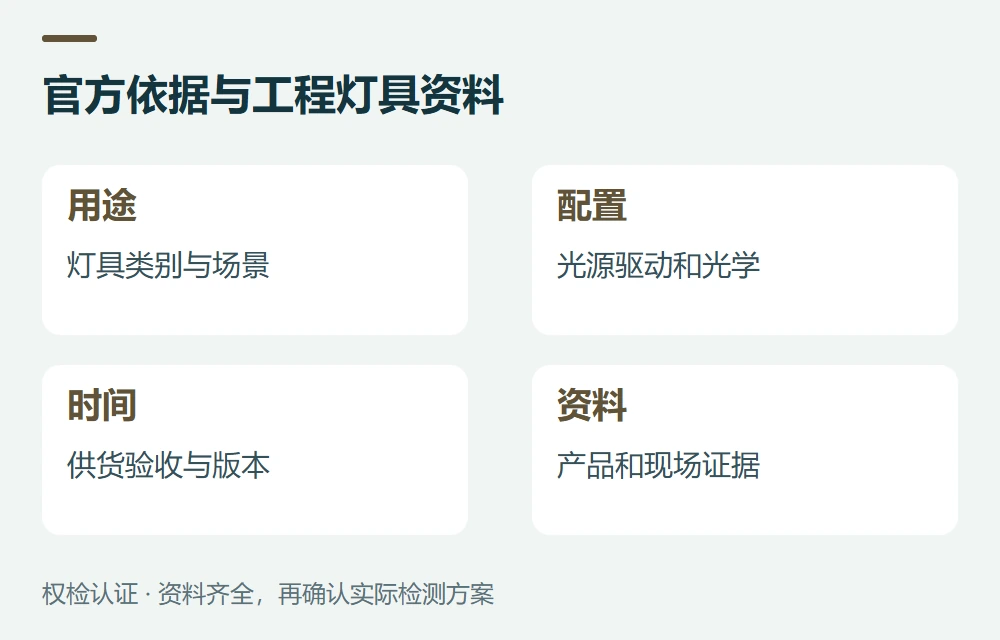 官方依据与工程灯具资料:用途,灯具类别与场景;配置,光源驱动和光学;时间,供货验收与版本;资料,产品和现场证据