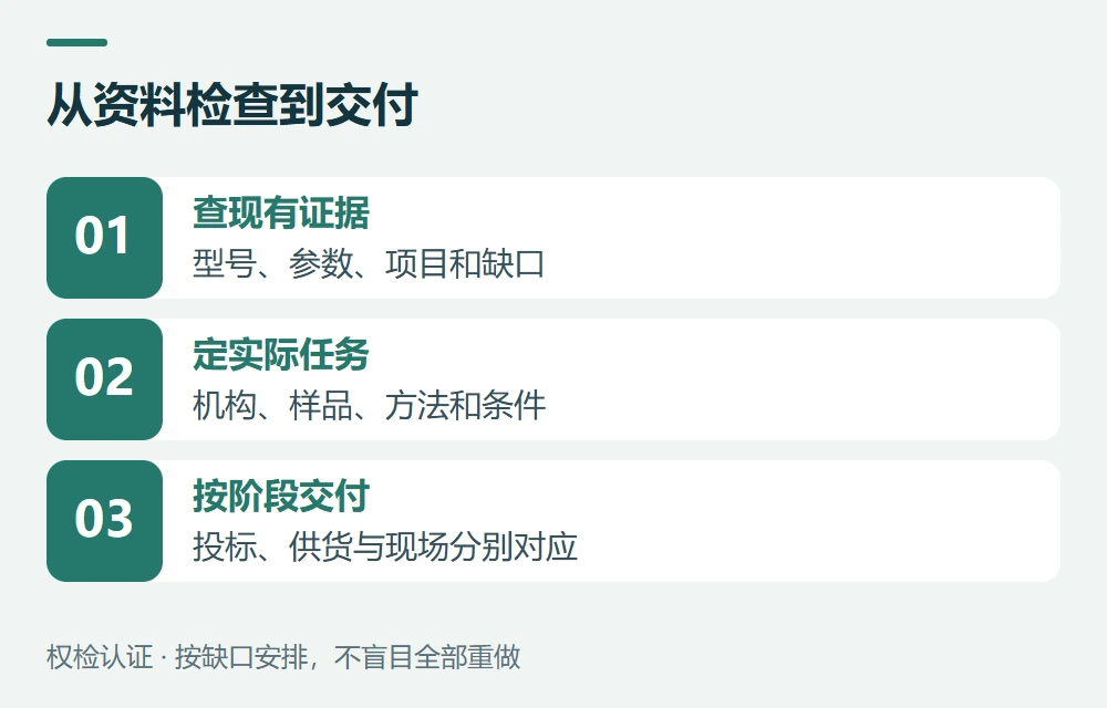 从资料检查到交付:查现有证据,型号、参数、项目和缺口;定实际任务,机构、样品、方法和条件;按阶段交付,投标、供货与现场分别对应