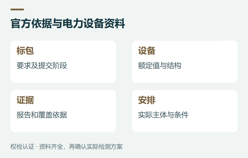 官方依据与电力设备资料:标包,要求及提交阶段;设备,额定值与结构;证据,报告和覆盖依据;安排,实际主体与条件