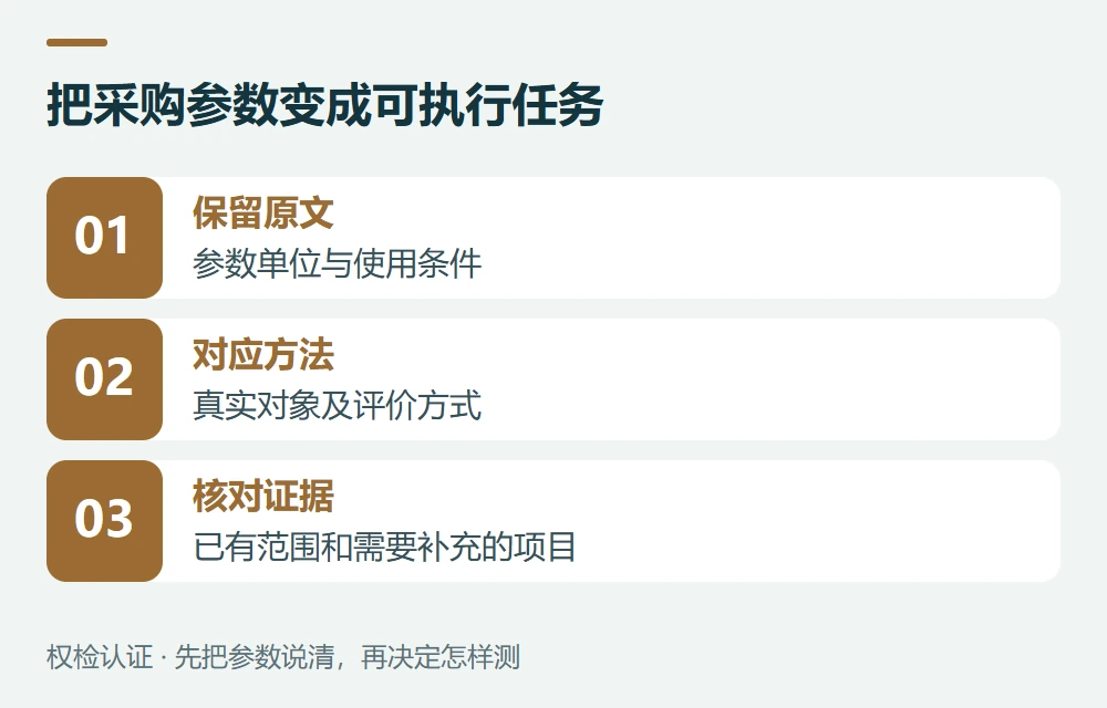 把采购参数变成可执行任务:保留原文,参数单位与使用条件;对应方法,真实对象及评价方式;核对证据,已有范围和需要补充的项目