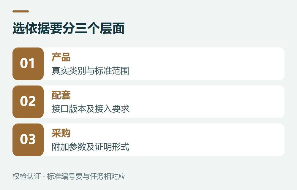 选依据要分三个层面:产品,真实类别与标准范围;配套,接口版本及接入要求;采购,附加参数及证明形式