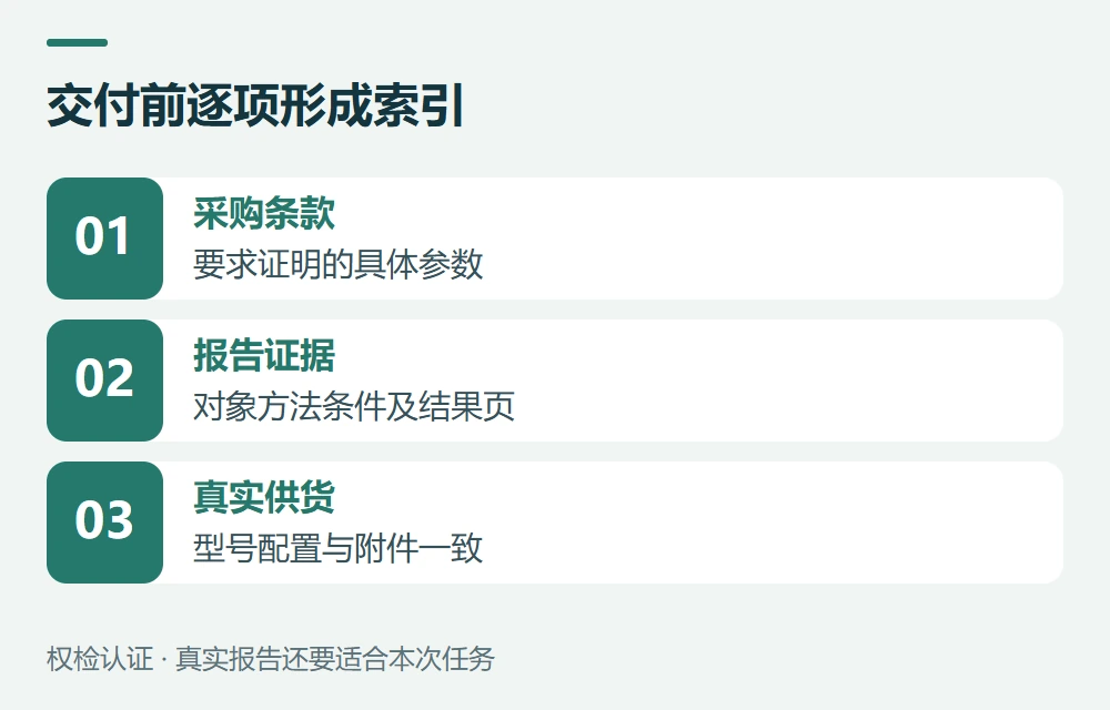 交付前逐项形成索引:采购条款,要求证明的具体参数;报告证据,对象方法条件及结果页;真实供货,型号配置与附件一致