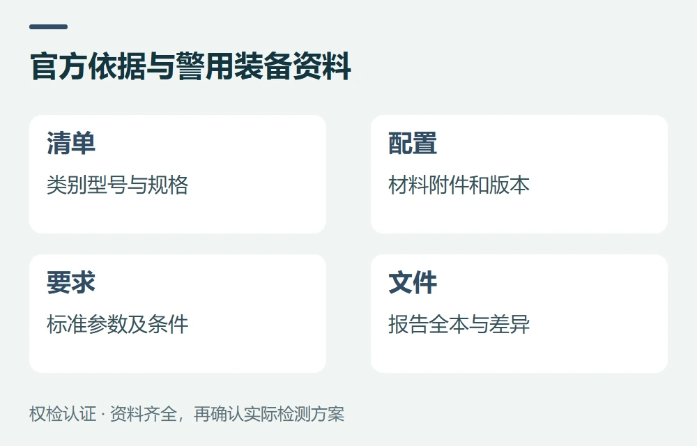 官方依据与警用装备资料:清单,类别型号与规格;配置,材料附件和版本;要求,标准参数及条件;文件,报告全本与差异