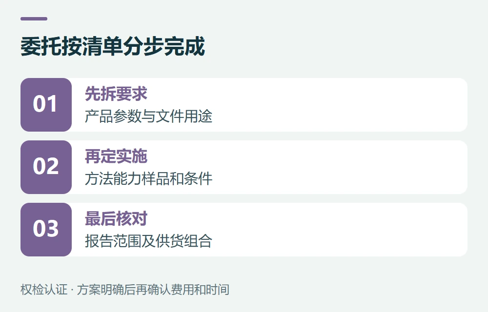 委托按清单分步完成:先拆要求,产品参数与文件用途;再定实施,方法能力样品和条件;最后核对,报告范围及供货组合