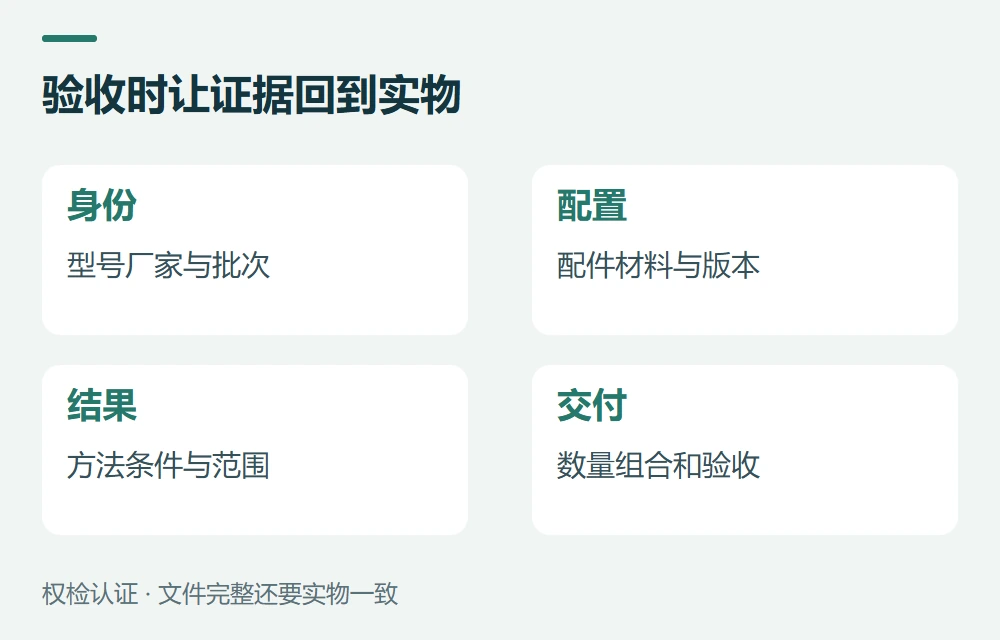 验收时让证据回到实物:身份,型号厂家与批次;配置,配件材料与版本;结果,方法条件与范围;交付,数量组合和验收