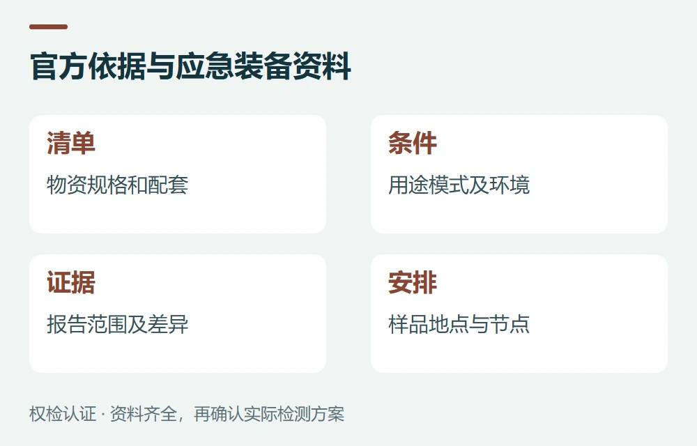 官方依据与应急装备资料:清单,物资规格和配套;条件,用途模式及环境;证据,报告范围及差异;安排,样品地点与节点